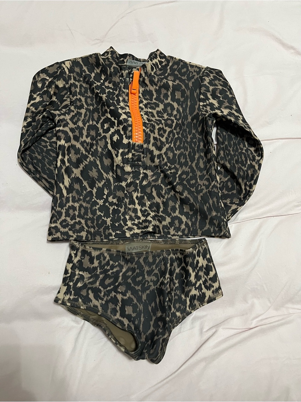 Kids Leopard Print Rash Guard Swim Set with Orange Zip